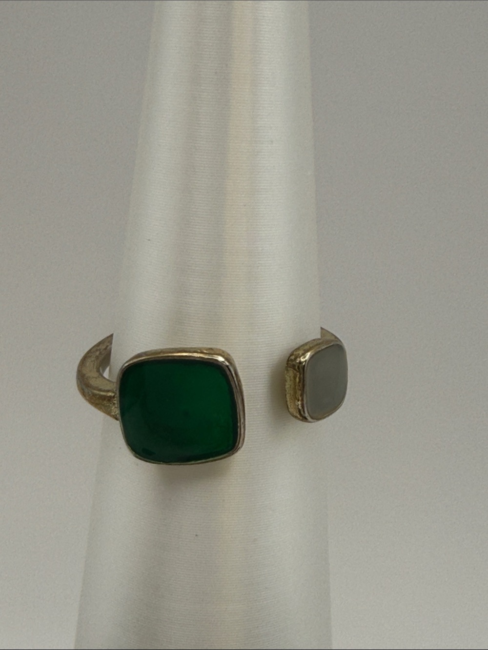 Gold Open Ring Green White Faux Stone Cushion Cut Size 7
